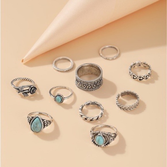 Set of 10 Turquoise and Silver Finger Rings Various Sizes - Picture 2 of 4